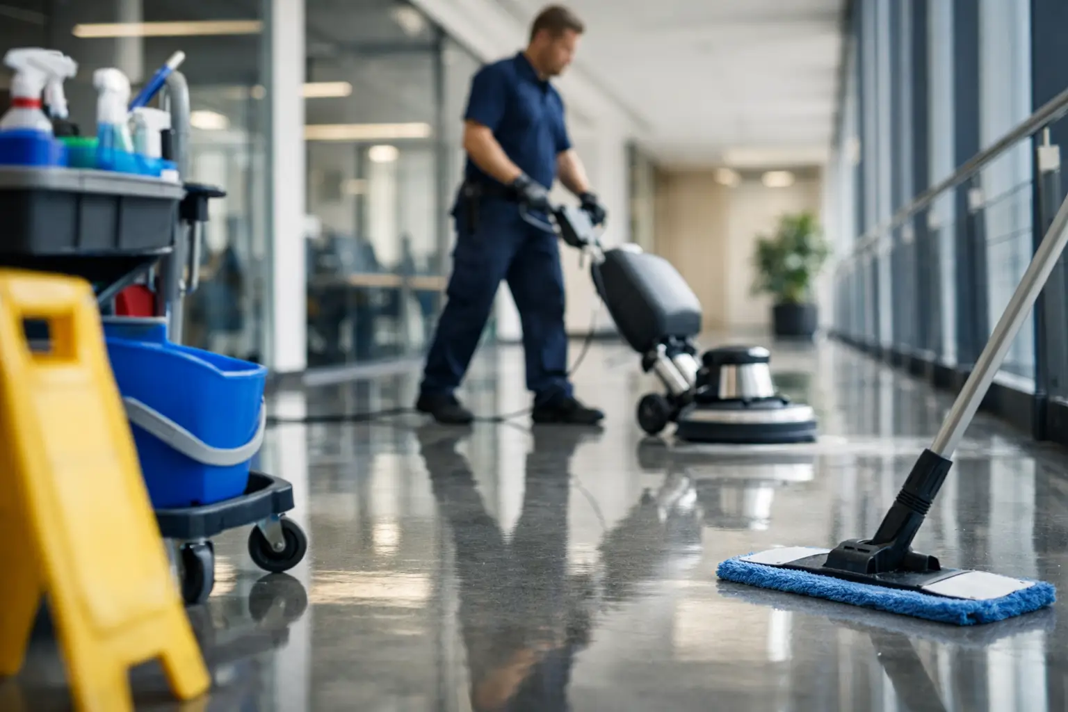 Commercial floor machine polishing the hard floor of an open office lobby
