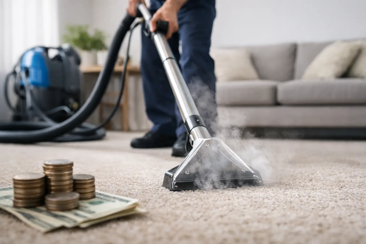 Carpet steam cleaning underway in a residential living room being quoted by the room