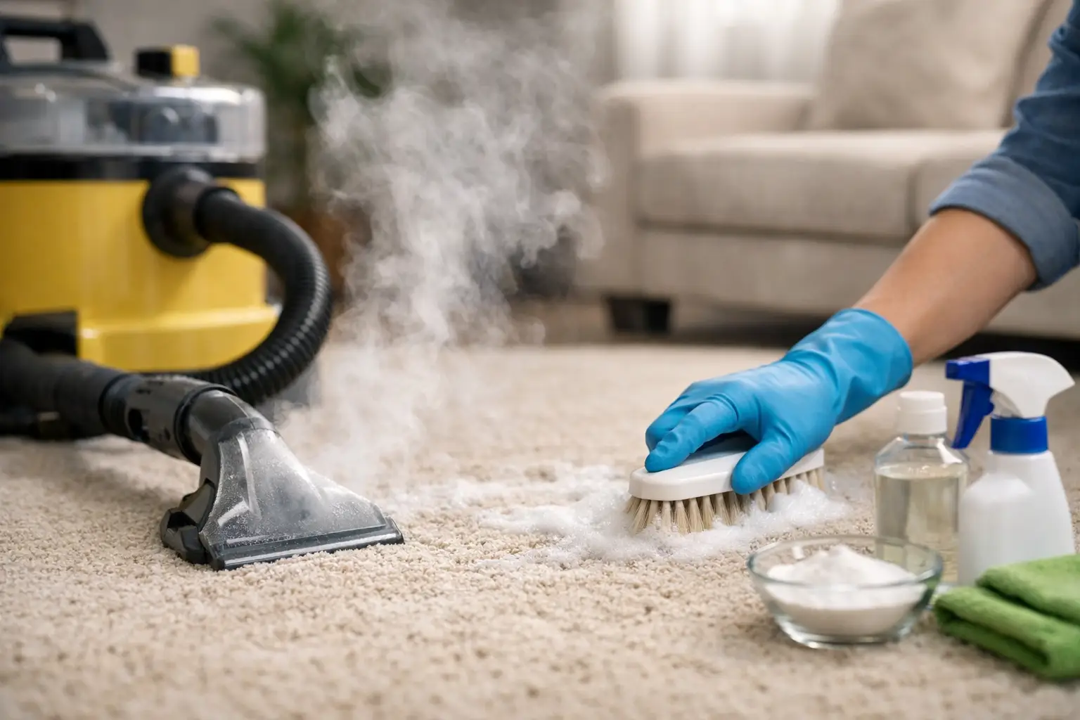Living room carpet being treated to lift lingering smoke residue and odor