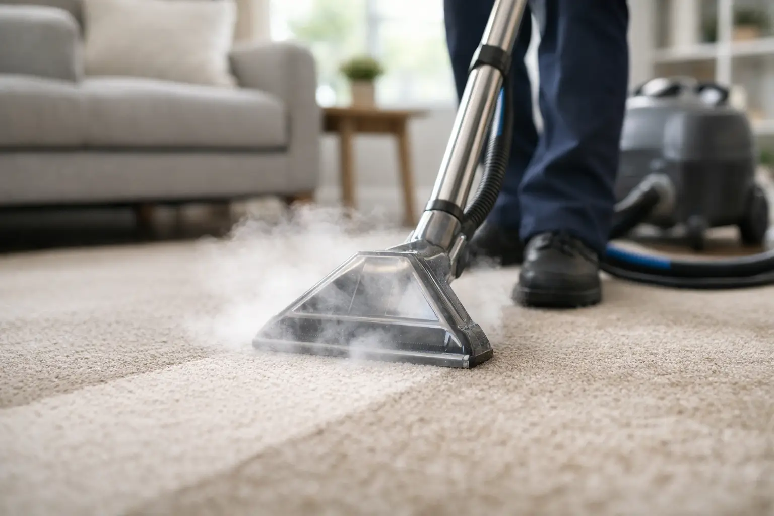 Hot water extraction wand steam cleaning a carpet in a bright room