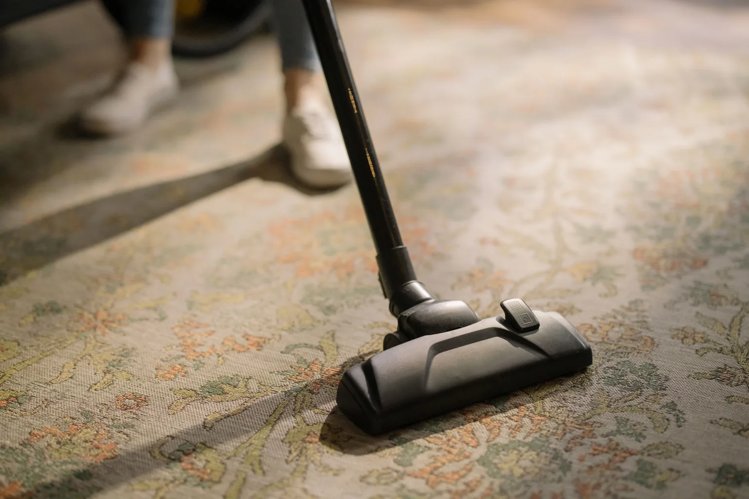 An upright cleaning machine standing on a patterned area rug in a sunlit room