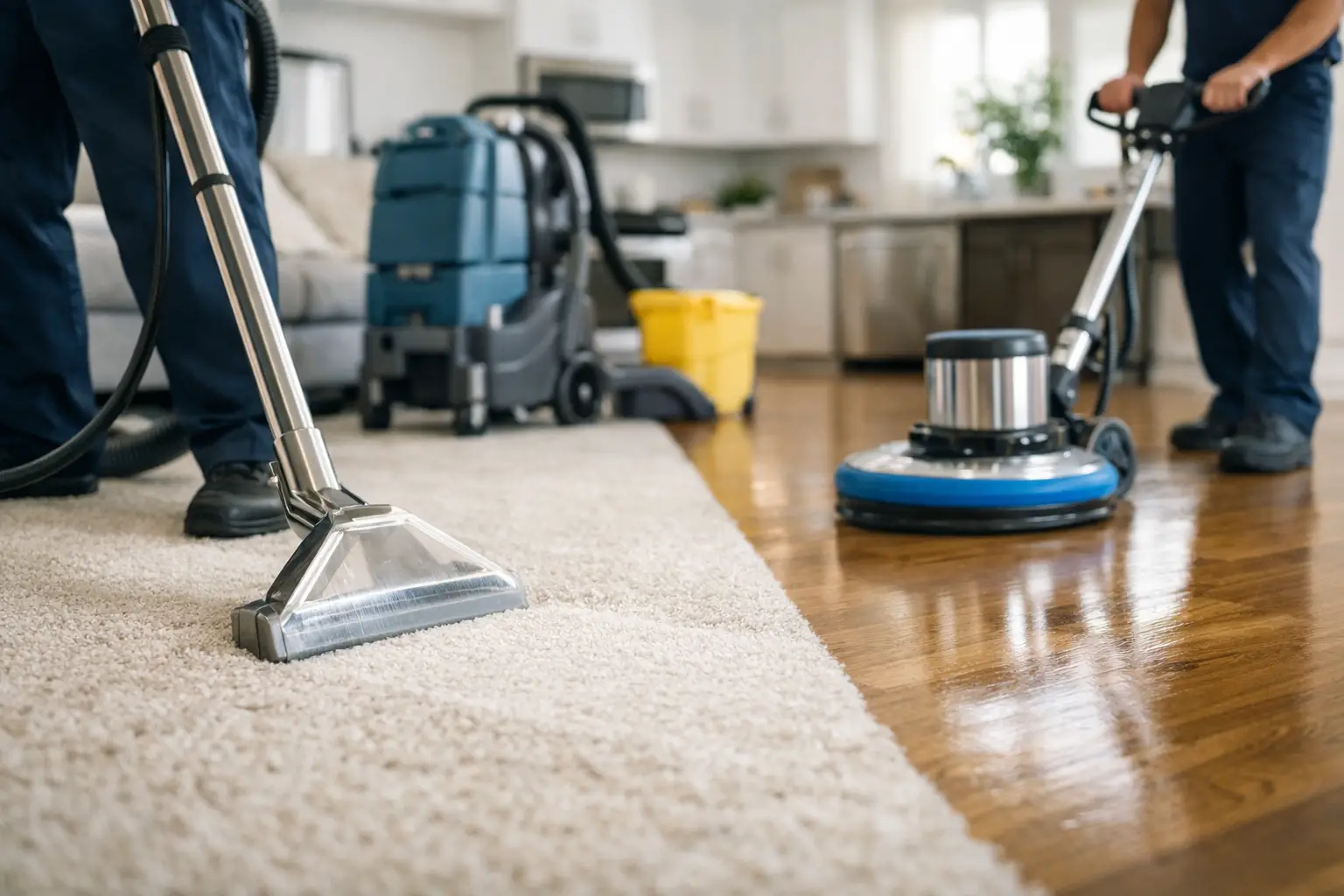 Carpet cleaning wand drawing a clean stripe across a living room carpet