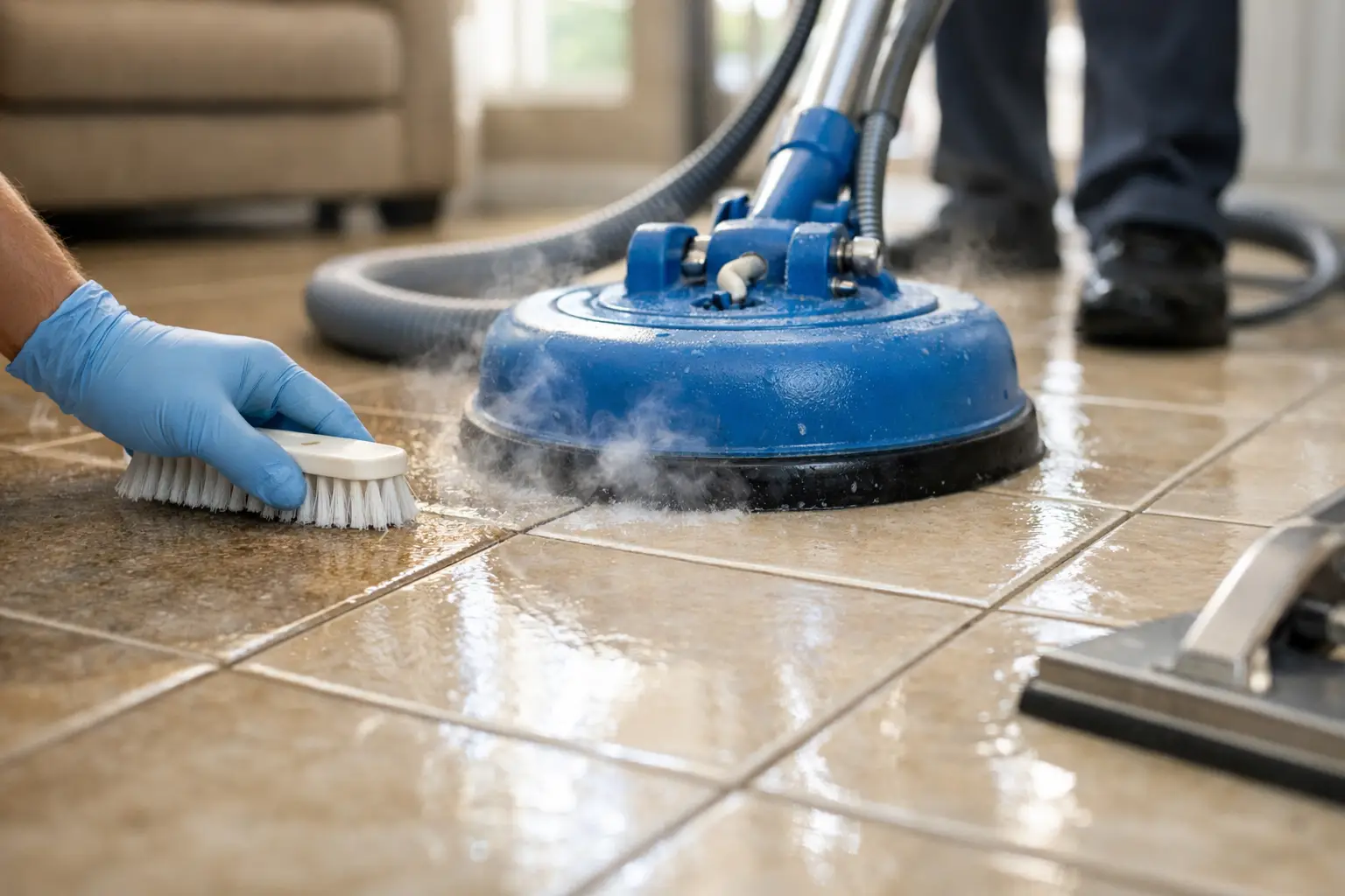 Technician using a rotary steam tool and hand brush to deep clean tile and grout lines