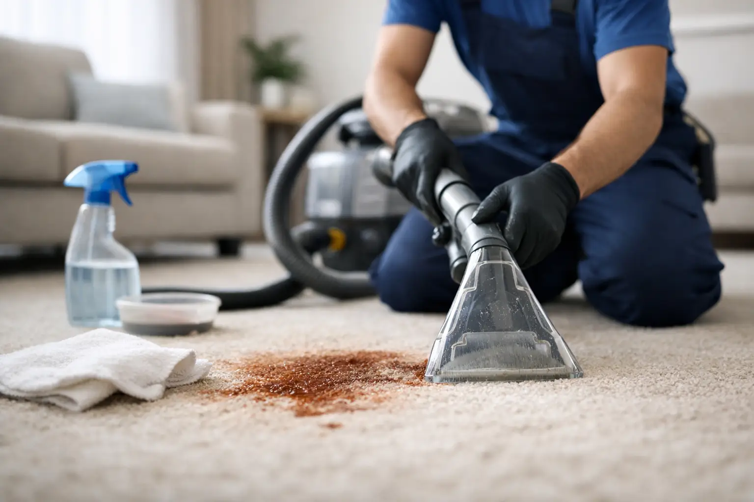 Close-up of a technician treating a stain on light carpet with a spotting solution