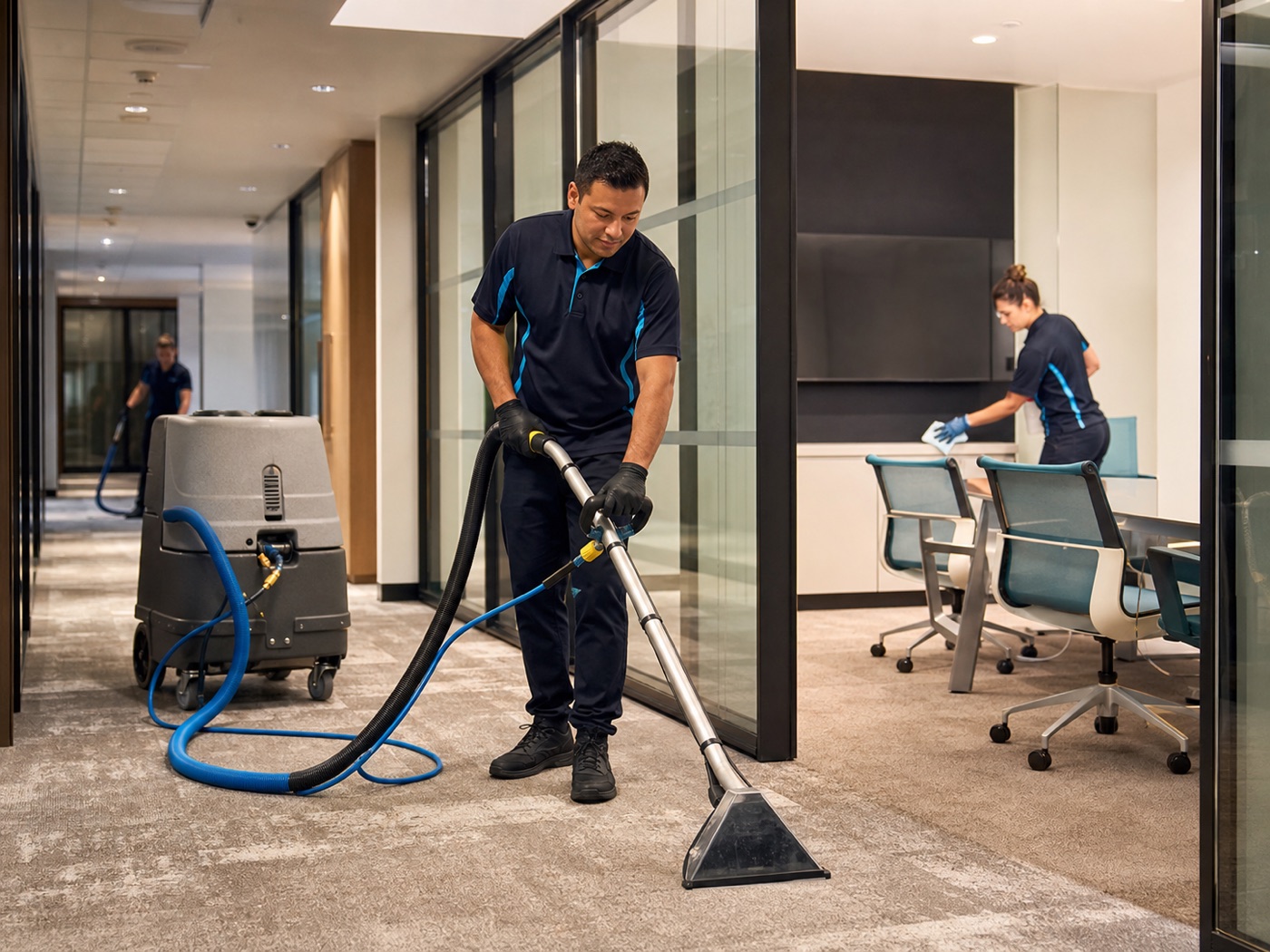 Commercial carpet cleaning team working in an office corridor with extraction equipment
