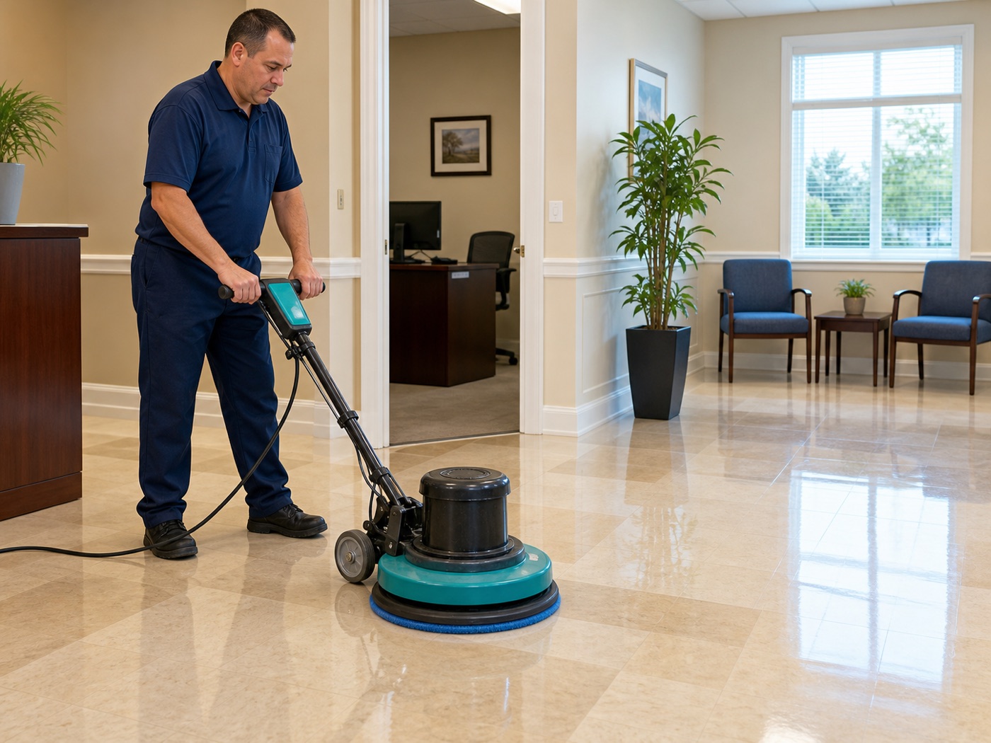 Professional using a low-speed floor machine on a glossy commercial tile floor