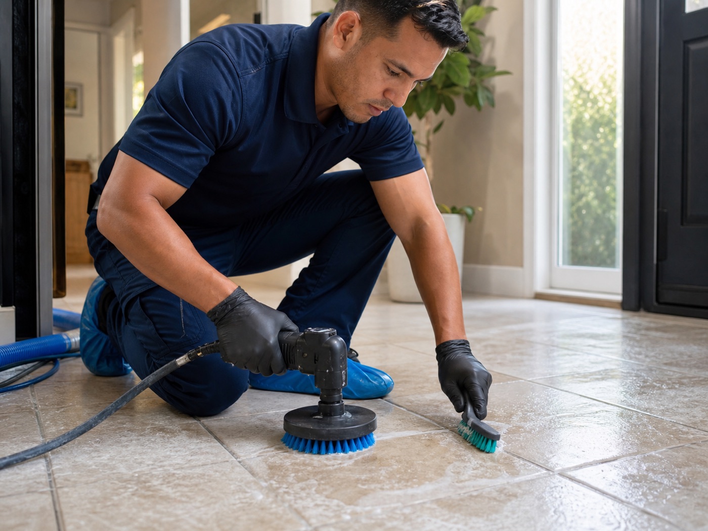 Floor-care professional cleaning grout lines with a rotary scrubber and detail brush